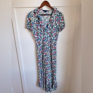 Boden Size 12 L Short Sleeve Rayon Dress Long Maxi Dot Print Ruffle Detail Slim